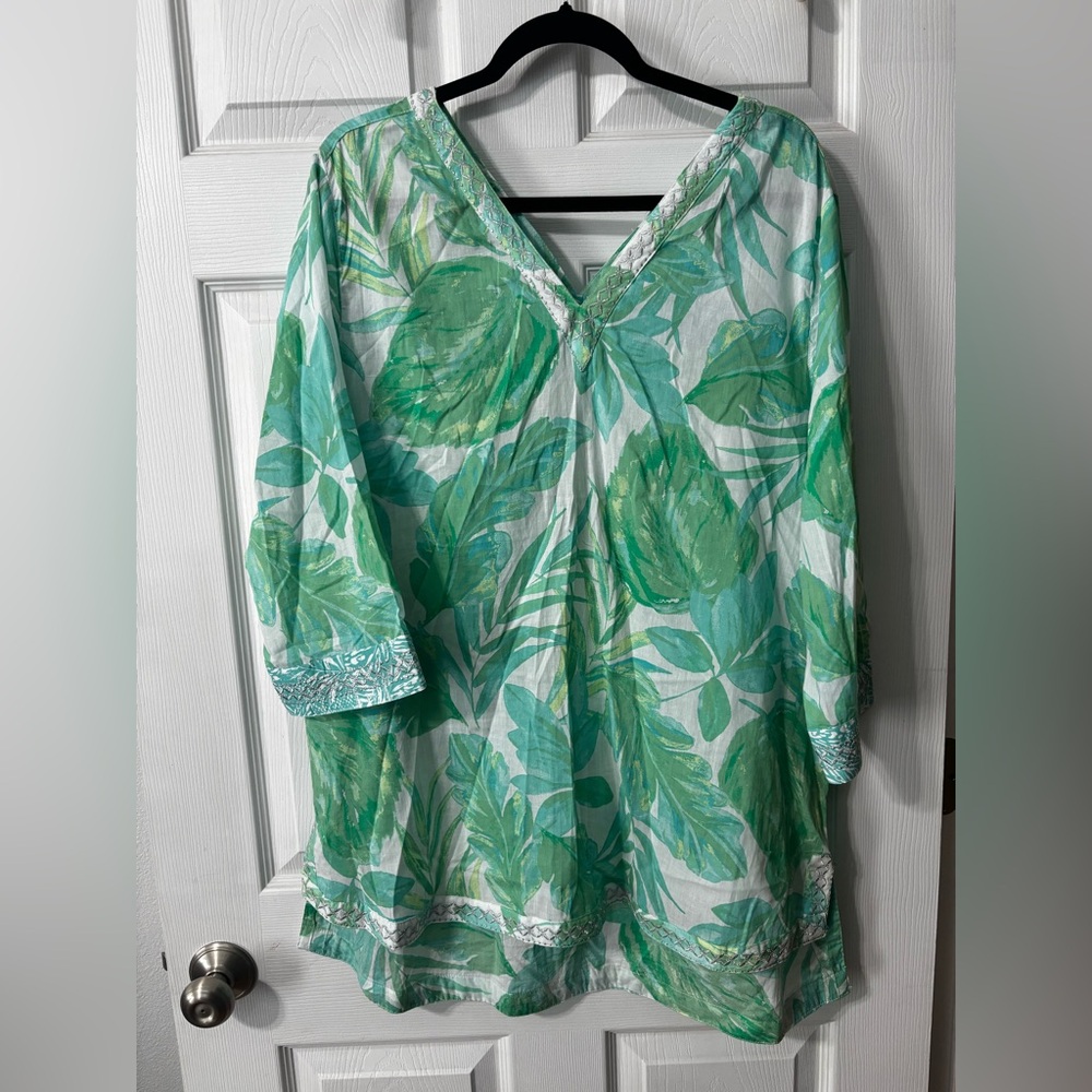 Christian Siriano Green Tropical Embroidered Tunic Top Dress Beach Coverup XL